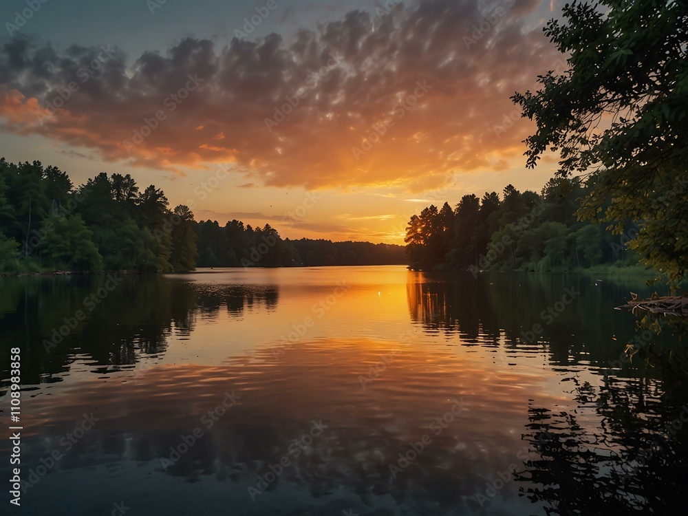 Fototapeta premium Sunset over a lake with trees and sky reflection in the water.