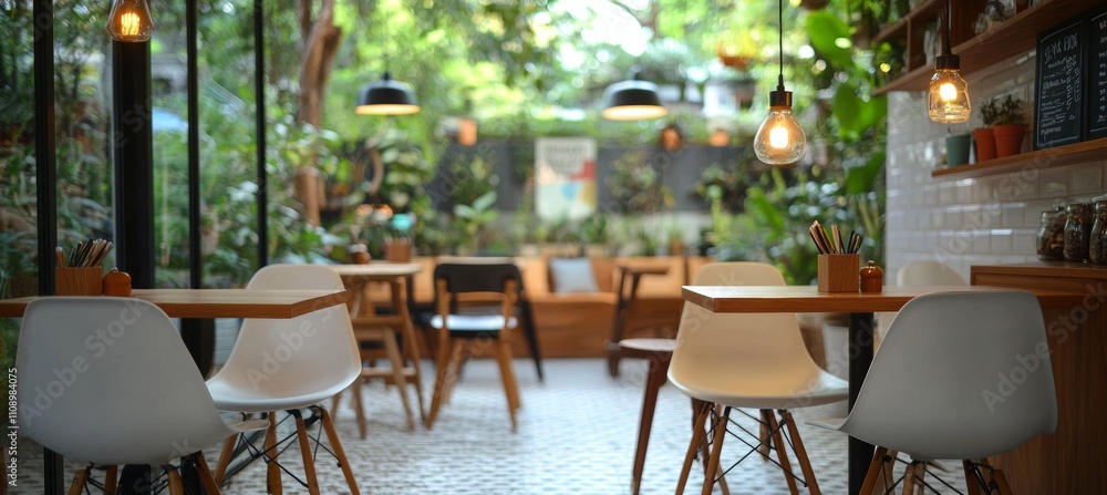 Obraz premium Empty Tables and Chairs Await Customers at a Modern, Boho-Style Cafe Filled With Lush Greenery
