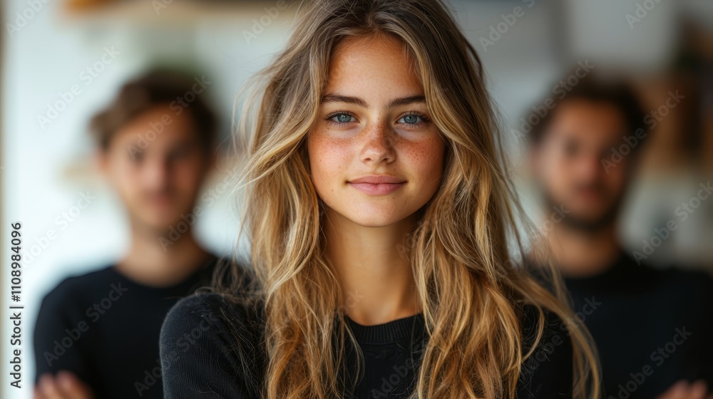 A young woman with freckles standing in front of a group of people A young woman with freckles standing in front of a group of people