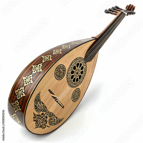 A richly decorated oud with a round body and unique patterns, producing warm, photo