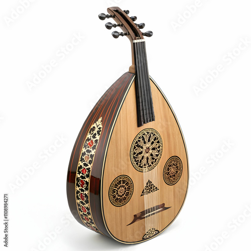 A richly decorated oud with a round body and unique patterns, producing warm, photo