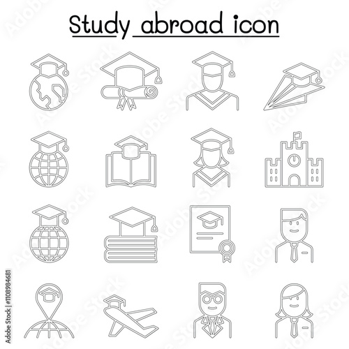 Study abroad icon set in thin line style