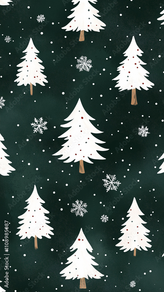 Obraz premium dark green background, repeating pattern of white Christmas trees and snowflakes. minimalist design with festive spirit, perfect for holiday decor, wallpapers, or wrapping paper projects.