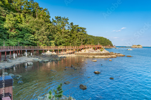 Beatuful Landscape with sea, water, trees, bridge and blue sky in South Korea
