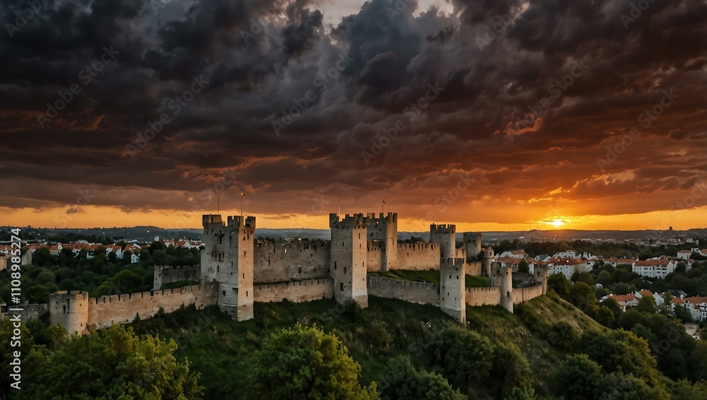 Obraz premium Sunset over medieval city walls with dramatic skies.