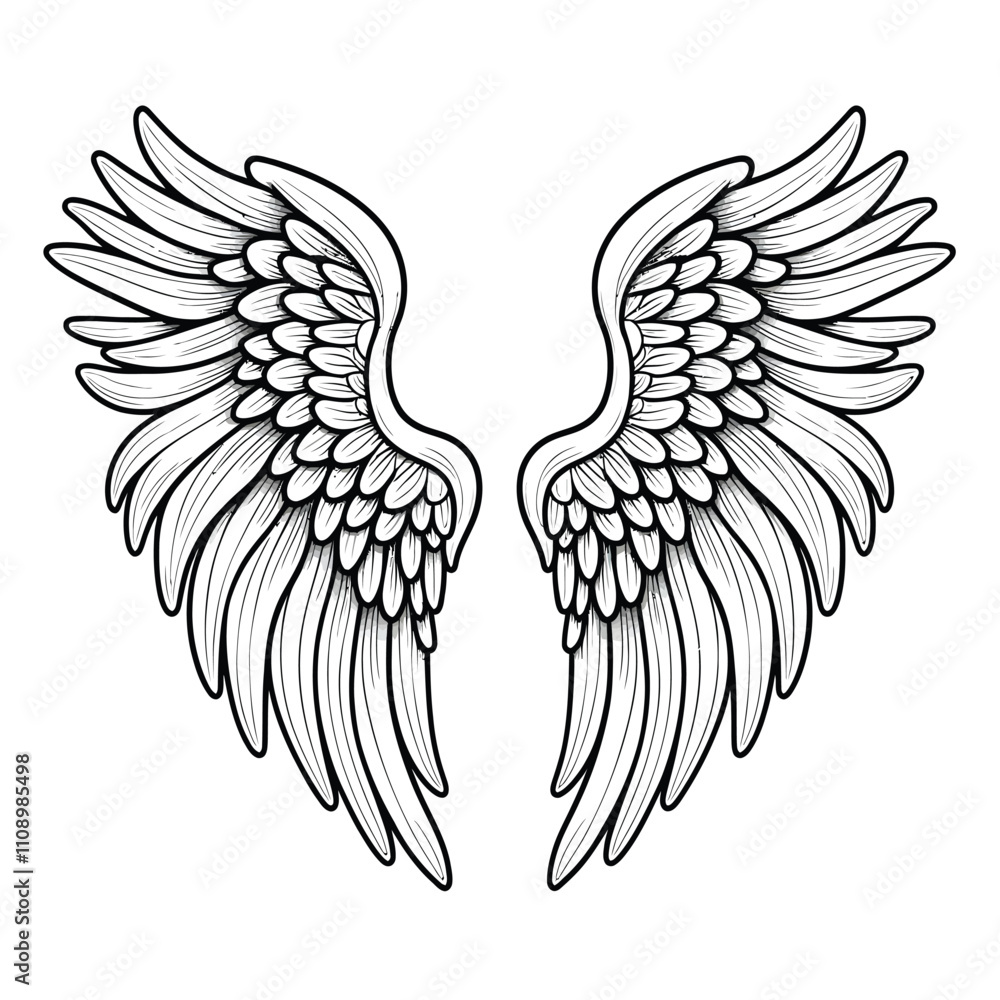 Fototapeta premium Vector outline wings on white backgrounds