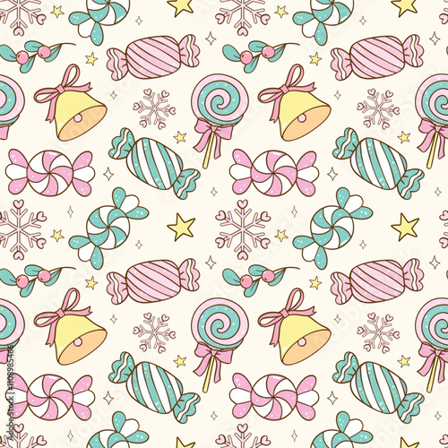 Cute Pastel Christmas Candy Treats seamless pattern doodle hand drawn isolated on background