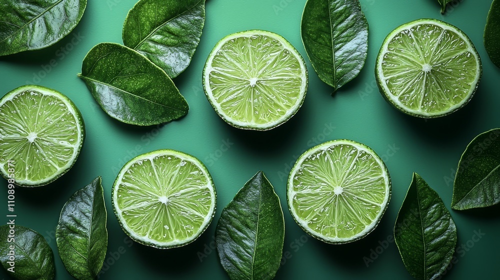 A group of limes with leaves on a green background A group of limes with leaves on a green background