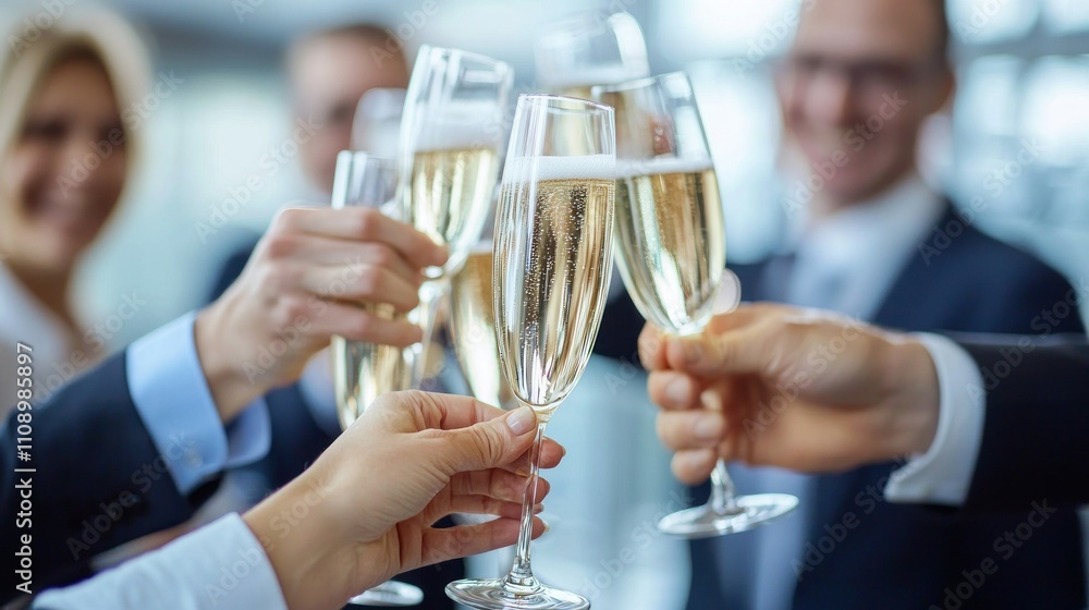 A group of executives toasting with champagne in an office environment, celebrating a major milestone. A group of executives toasting with champagne in an office environment, celebrating a major milestone.