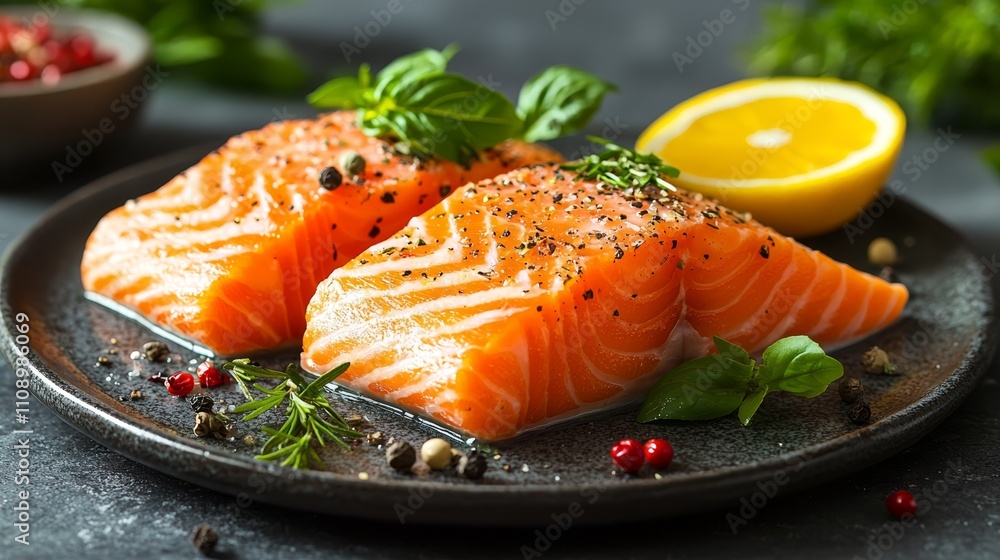 Two pieces of salmon on a plate with lemon and herbs Two pieces of salmon on a plate with lemon and herbs