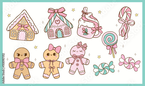 Set of Pastel Coquette Christmas Gingerbread house, Gingerbread man and candy, Pink and Mint Green Doodle Hand Drawn