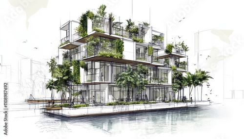 Dessin d'un immeuble avec de la verdure sur la façade, entouré d'eau et d'arbres, dans le style de l'architecture durable, écologique et responsable.