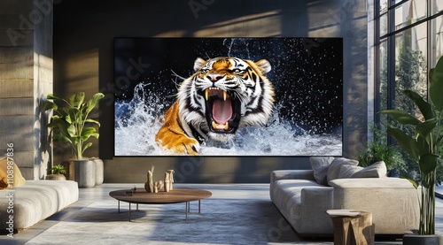 Un salon avec télévision grand écran, un tigre avec la gueule ouverte donnant l'impression de surgir et de rugir dans la pièce d'habitation symbolisant la qualité et le réalisme de l'écran. photo