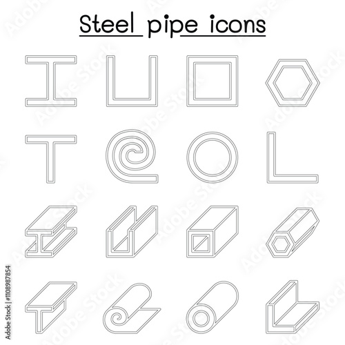 Steel Pipe icons set in thin line style