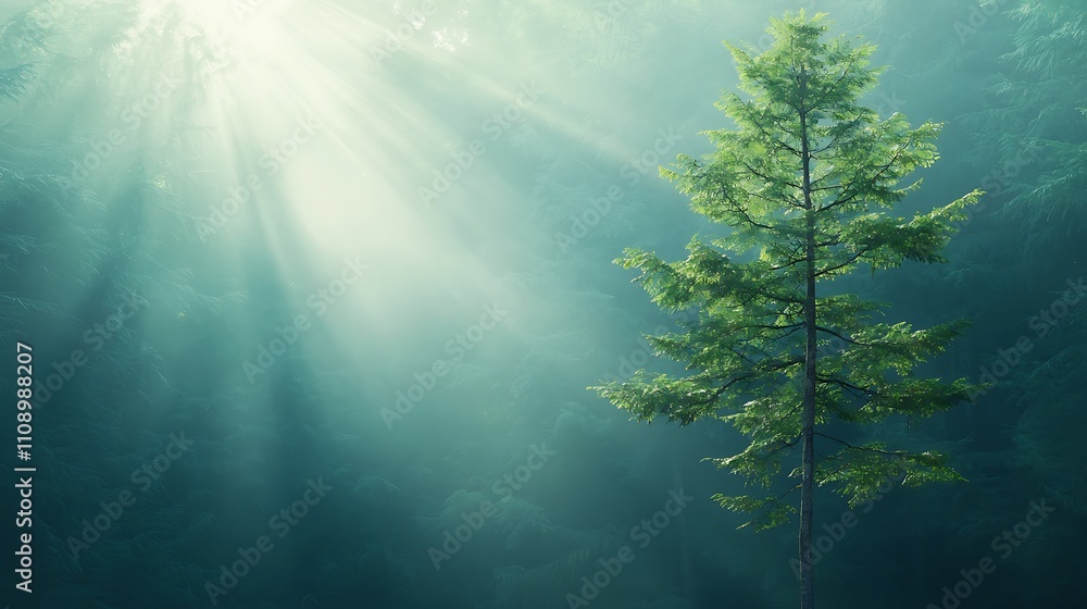 Obraz premium Tranquility concept in nature sunlight streaming through trees in serene forest photography