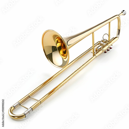 A shiny trombone with a golden finish and extended tuning slide, photo