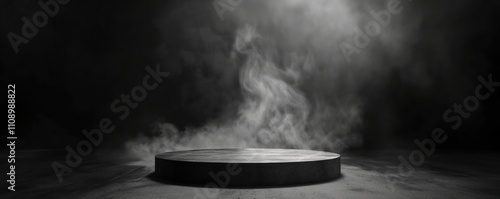 Dark dramatic podium with rising smoke effects. Mysterious black circular platform display in moody atmosphere with fog creating dramatic product showcase setting. 8k mockup banner background