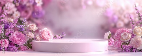 Pink podium display with romantic floral arrangement. Feminine product stage surrounded by roses and lavender in soft dreamy lighting creating elegant showcase setting. 8k mockup backdrop