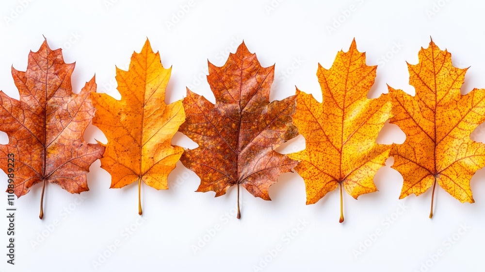 Fototapeta premium A row of autumn leaves on a white surface