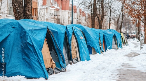 Winter camping with blue tents along a snowy street in a residential area photo