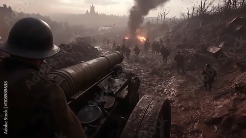 Soldier in a trench aiming a cannon at advancing enemy troops photo