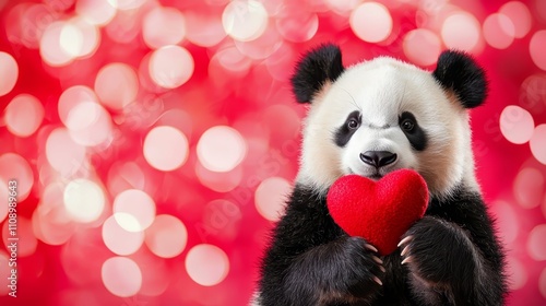 A panda bear holding a red heart in its paws