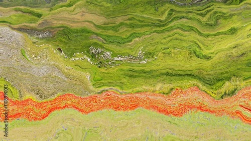 abstract animated twinkling stained background seamless loop video - watercolor splotch effect -  impressionism outdoor landscape - color green orange