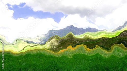 abstract animated twinkling stained background seamless loop video - watercolor splotch effect -  impressionism outdoor landscape - color green blue grey