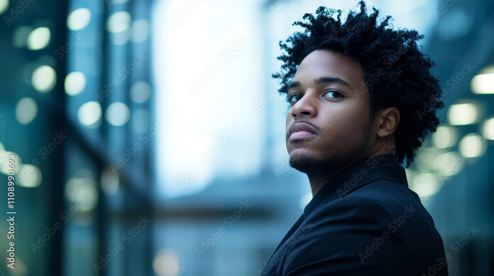 A man with curly hair standing in front of a building A man with curly hair standing in front of a building