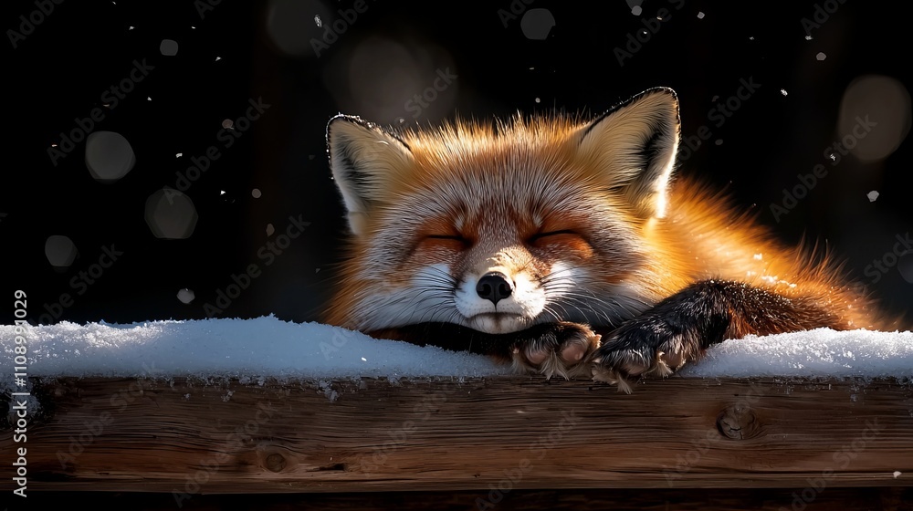 Obraz premium A red fox sleeping on a wooden bench in the snow