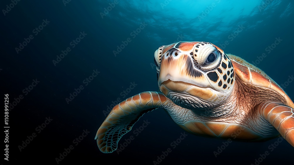 Fototapeta premium Peaceful ocean environment close-up photography of a graceful sea turtle swimming