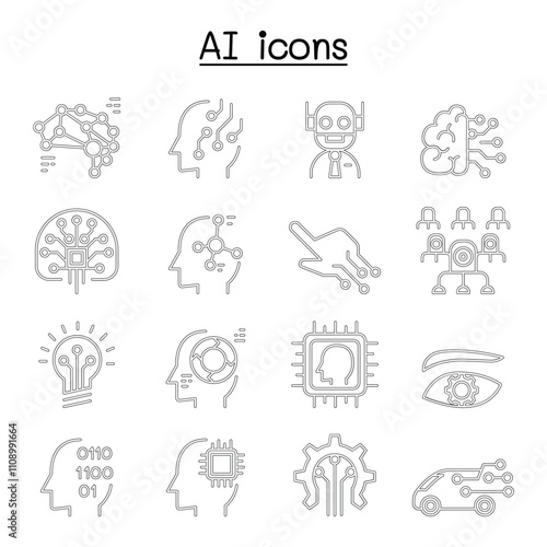 AI, Artificial intelligence icon set in thin line style