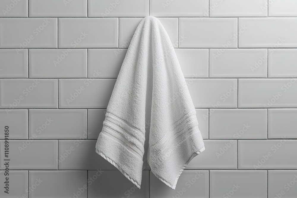 Fototapeta premium A white towel hangs on an elegant white wall.