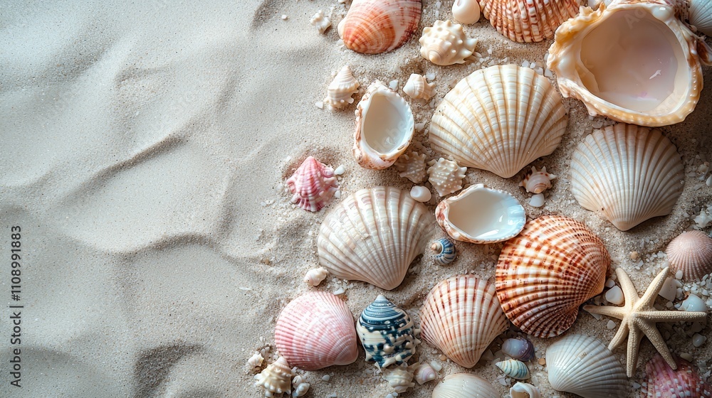 A group of seashells and starfish on a sandy beach A group of seashells and starfish on a sandy beach