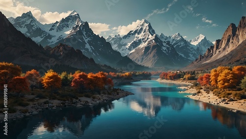 Surreal landscape with hyperreal mountains and flowing rivers of light. photo