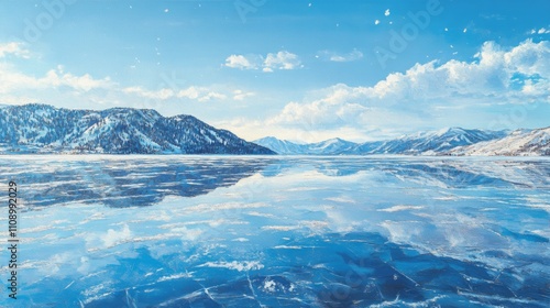 A frozen lake reflecting snowy mountains and a bright blue sky photo