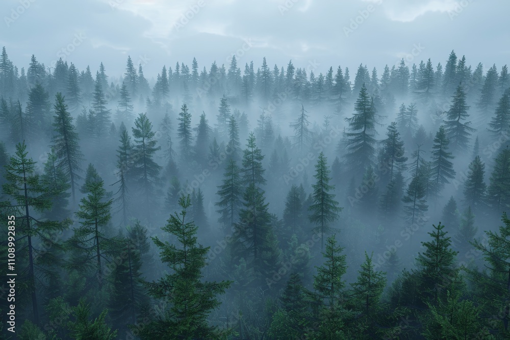Misty forest landscape with evergreen trees in a serene and tranquil atmosphere during early morning hours Misty forest landscape with evergreen trees in a serene and tranquil atmosphere during early morning hours