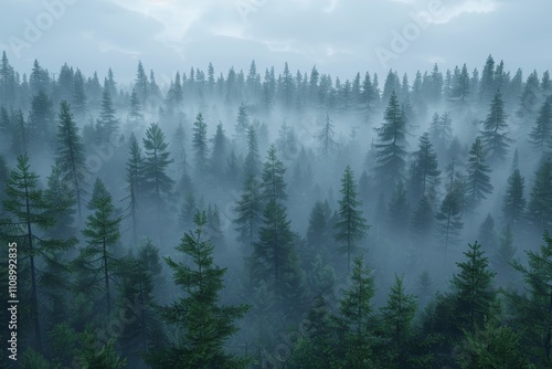 Misty forest landscape with evergreen trees in a serene and tranquil atmosphere during early morning hours