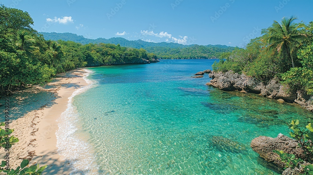 Fototapeta premium A sandy beach surrounded by lush green trees and clear blue water