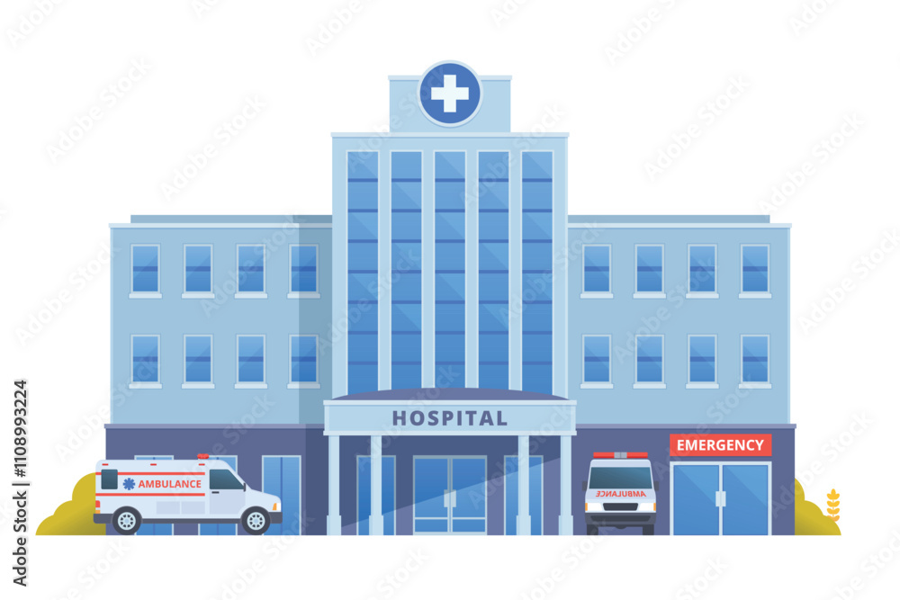 Fototapeta premium Vector illustration of a Hospital Building in flat design, showcasing a clean and modern front view with medical symbols and welcoming architecture.