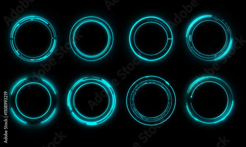Eight vibrant cyan neon rings on black background. Varying styles and thicknesses create futuristic, abstract designs. Ideal for tech or scifi projects.