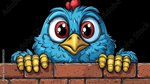 A blue bird peeking over a brick wall photo