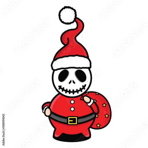Cute skeleton wearing santa costume with gift bag. Icon of creepy Santa Claus. Christmas elements vector eps.