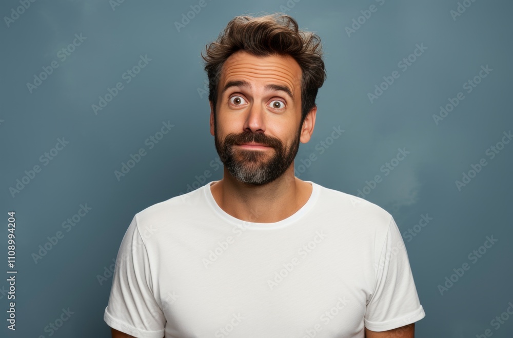 Fototapeta premium A man with a beard, wearing a white t shirt, looks surprised with wide eyes. Studio shot against a muted blue background