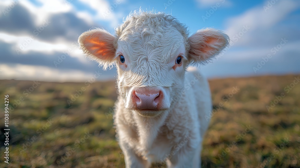 Fototapeta premium A small white cow standing on top of a lush green field