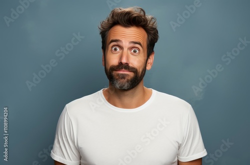 A man with a beard, wearing a white t shirt, looks surprised with wide eyes. Studio shot against a muted blue background