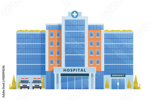 Vector illustration of a Hospital Building in flat design, showcasing a clean and modern front view with medical symbols and welcoming architecture.