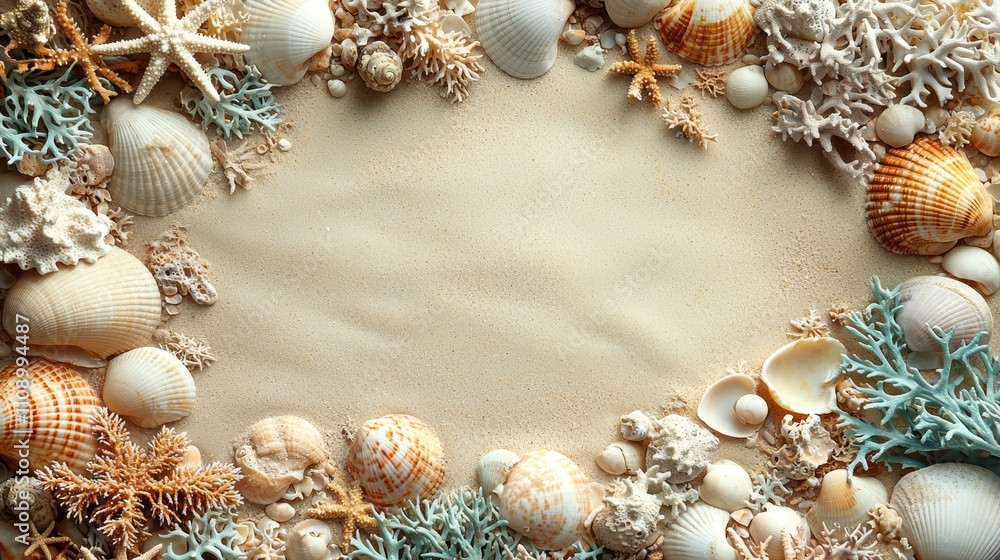 Fototapeta premium A frame made of shells and corals on a sandy beach