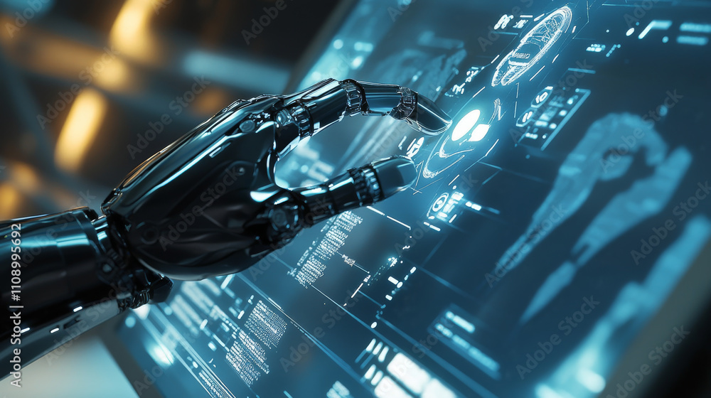 Fototapeta premium The robot mechanical arm or hand presses the index finger on the button a virtual holographic interface HUD on touch screen. Artificial Intelligence futuristic design concept. 3d rendering