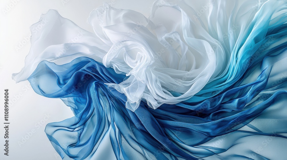 Fototapeta premium Elegant waves of chiffon fabric captured in soft blue and white tones artistic display studio abstract design